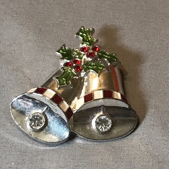 Silver Tone Christmas Bells Lapel Pin / Brooch - Picture 1 of 3